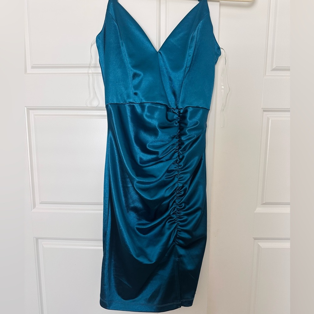Honey and Rosie Teal Ruched Mini Dress